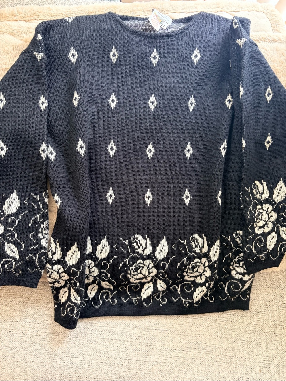 Black Crewneck Sweater with White Floral Border